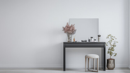 Modern minimalist dressing table in an empty room bathed with natural lighting. Home decor minimalist composition in neutral tonality.