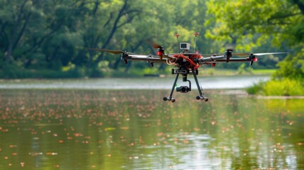 drone equipped with P-IoT sensors flying over a lake, collecting and transmitting data on water quality to environmental scientists