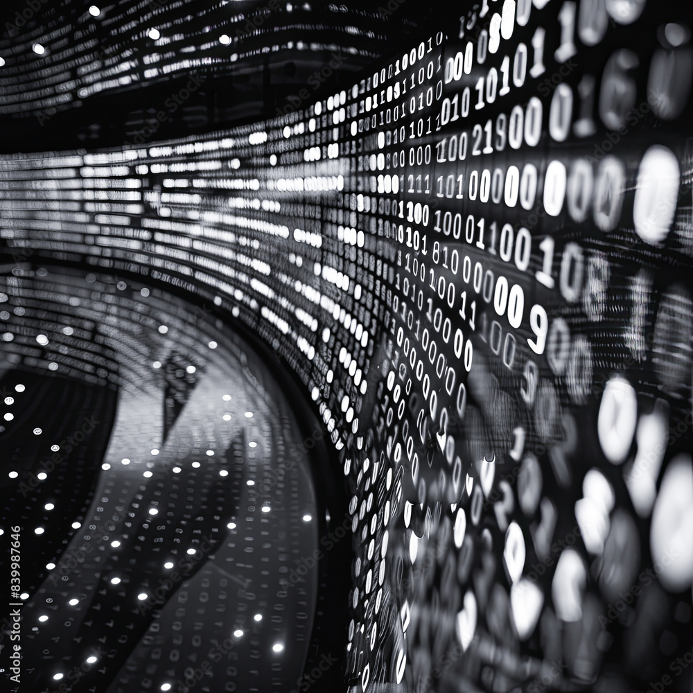 Poster binary code on a black background. bokeh effect.