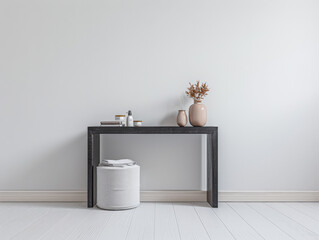 Modern minimalist dressing table in an empty room bathed with natural lighting. Home decor minimalist composition in neutral tonality.