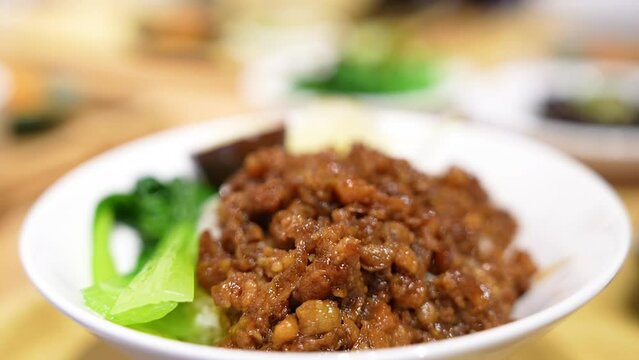 stir fried pork with  green vegetable and spiced corned egg fusion Chinese braised pork rice
