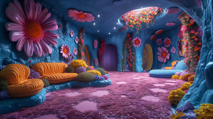 Fantasy world with vibrant colors, graffiti-covered walls, and pop art patterns, featuring surreal...
