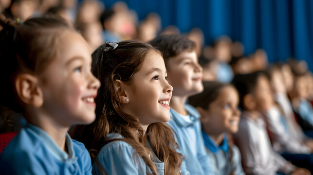 A group of children attentively watch a school assembly, their faces lighting up with interest and joy.