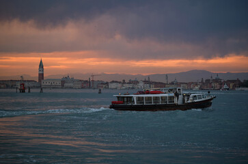 Venice from the Lagoon, sunset, evening, Alps in the background, climate, color, 