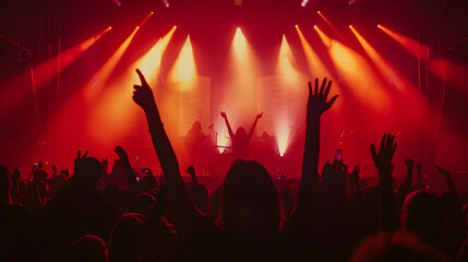 An enthusiastic audience raises their hands at a concert, illuminated by intense red stage lights, creating an electrifying atmosphere.