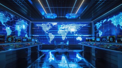 futuristic control room with a global optical network operations map, displaying live traffic, faults, and performance metrics