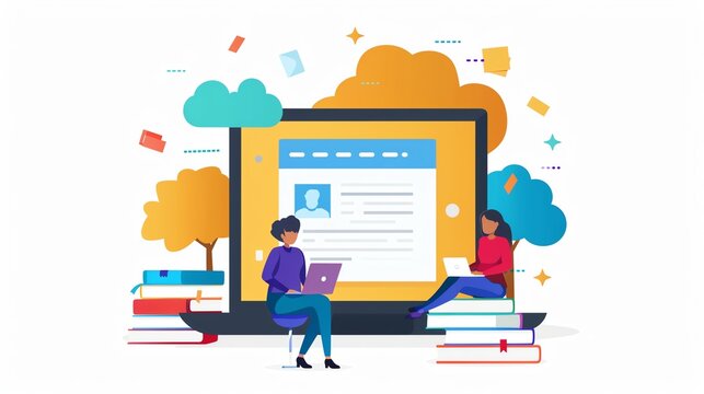 Two women using laptops for online education, surrounded by books and a large laptop screen displaying a curriculum.