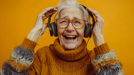 A joyful elderly woman in a brown sweater enjoys music with headphones, exuding happiness and positivity.