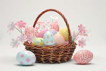 Easter basket filled with colorful eggs featuring intricate patterns, surrounded by blooming flowers, evoking a festive atmosphere