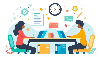 Two people working together at a desk with laptops, surrounded by office supplies and symbols of success.