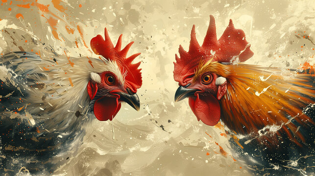 Crazy rooster with a long neck and bulging eyes wrestling another rooster in a pop art comic style boxing ring