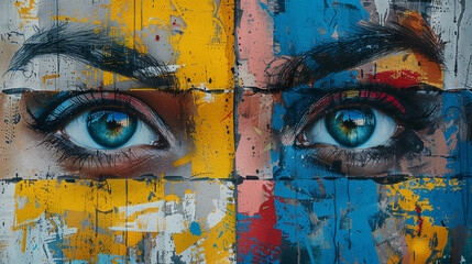 A face divided into segments, each with distinct pop art and graffiti styles, exaggerated eyes with...