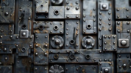 Fototapeta premium A close up of a metal surface with many holes and screws. The image has a vintage and industrial feel to it
