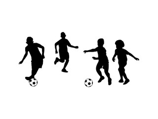 kids playing soccer silhouette. silhouettes of children playing football isolated on a white background.