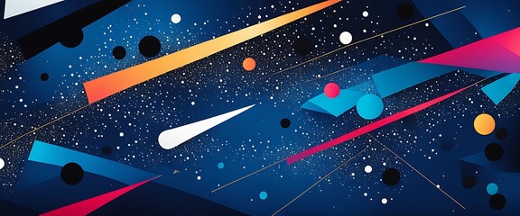 Modern Art Geometry with Dark Blue and Black Gradient Background and Sparkly Dots in Vibrant Colors