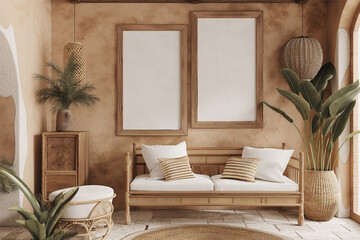 Mockup frame in a boho nomadic interior background with rural decorations