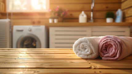 Warm and inviting laundry room with rolled white and pink towels on a wooden table, washer, and shelves in the background, bathed in sunlight.