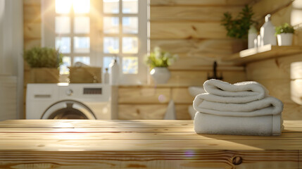 Stack of white towels is neatly placed on wooden surface sunlit laundry room background includes washing machine potted plants shelves with laundry essentials creating bright and welcoming atmosphere