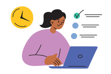 Vector illustration of a student taking a timed test on a laptop. Flat cartoon style. Online education and study on deadlines and timers. Digital exam setting in school or university. Remote learning