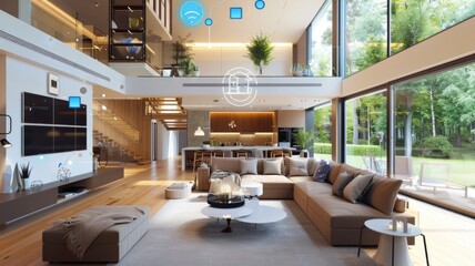 modern home equipped with P-IoT sensors controlling lighting, heating, and cooling systems based on occupancy and ambient conditions,