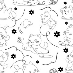 Seamless pattern character outline playful cartoon  cat