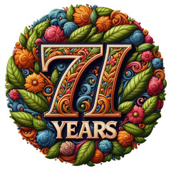 Abstract 71st (seventy one) Anniversary Emblem Surrounded by Floral Elegance. Isolated (cut) background