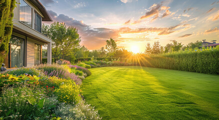 Beautiful home garden with a lush green lawn and colorful flowers at sunset, a perfectly manicured landscape design with well-maintained landscaping - Powered by Adobe