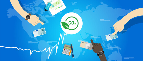 carbon pricing going up increase high carbon tax exchange market carbon dioxide in global map blue background