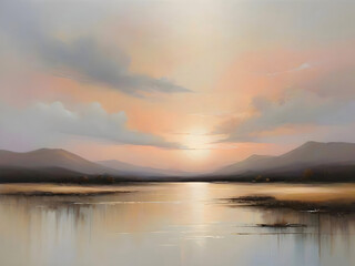 Sunset Lake River Watercolor Landscape