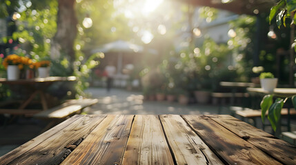 A sunlit wooden table in a quaint outdoor garden. The background features lush greenery, potted plants, and other tables with flower arrangements, creating a serene and inviting atmosphere.
