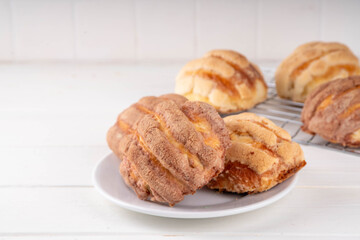 Mexican traditional conchas pastry, cookie or bread bun