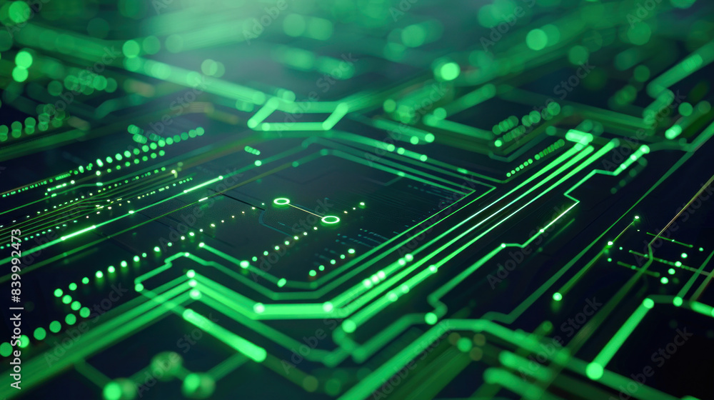 Poster a green circuit board against dark background represents technology and engineering fields