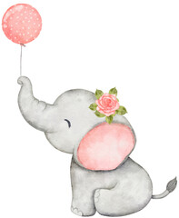Watercolor baby elephant holding balloon. African baby animal for baby shower girl, nursery decorations