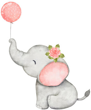 Watercolor baby elephant holding balloon. African baby animal for baby shower girl, nursery decorations