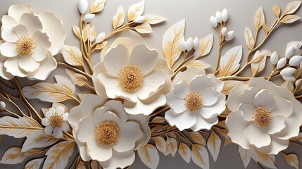 3D mural wallpaper flowers in gold and cream colors, Mural wallpaper high quality on white background
