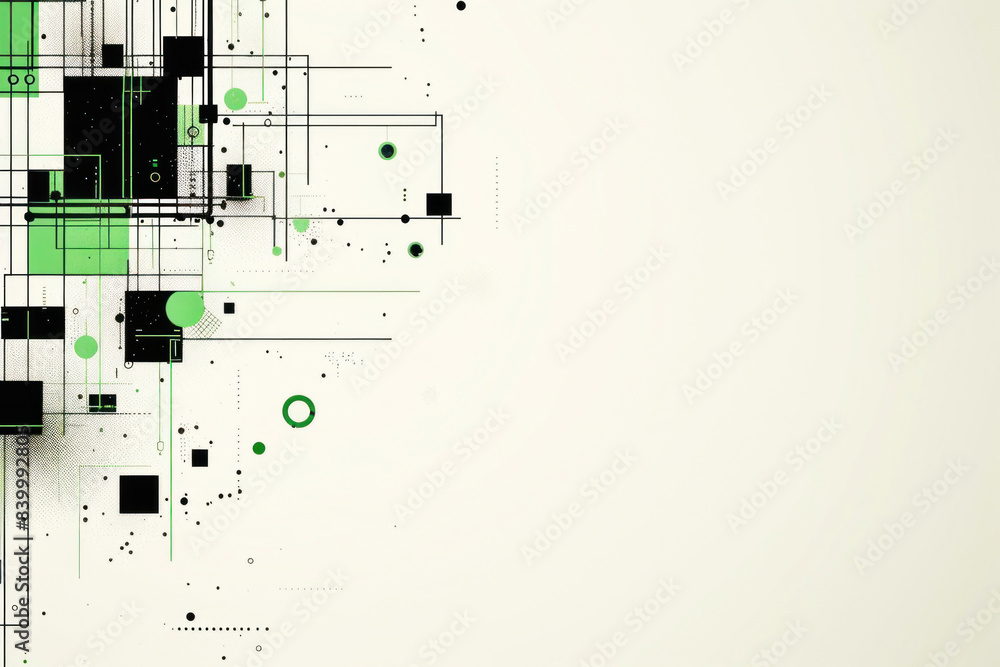 Poster the white background is adorned with a pattern of green and black squares and circles