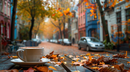 Admire the scene from a cafe table, where a coffee cup sits amidst changing leaves and passing cars