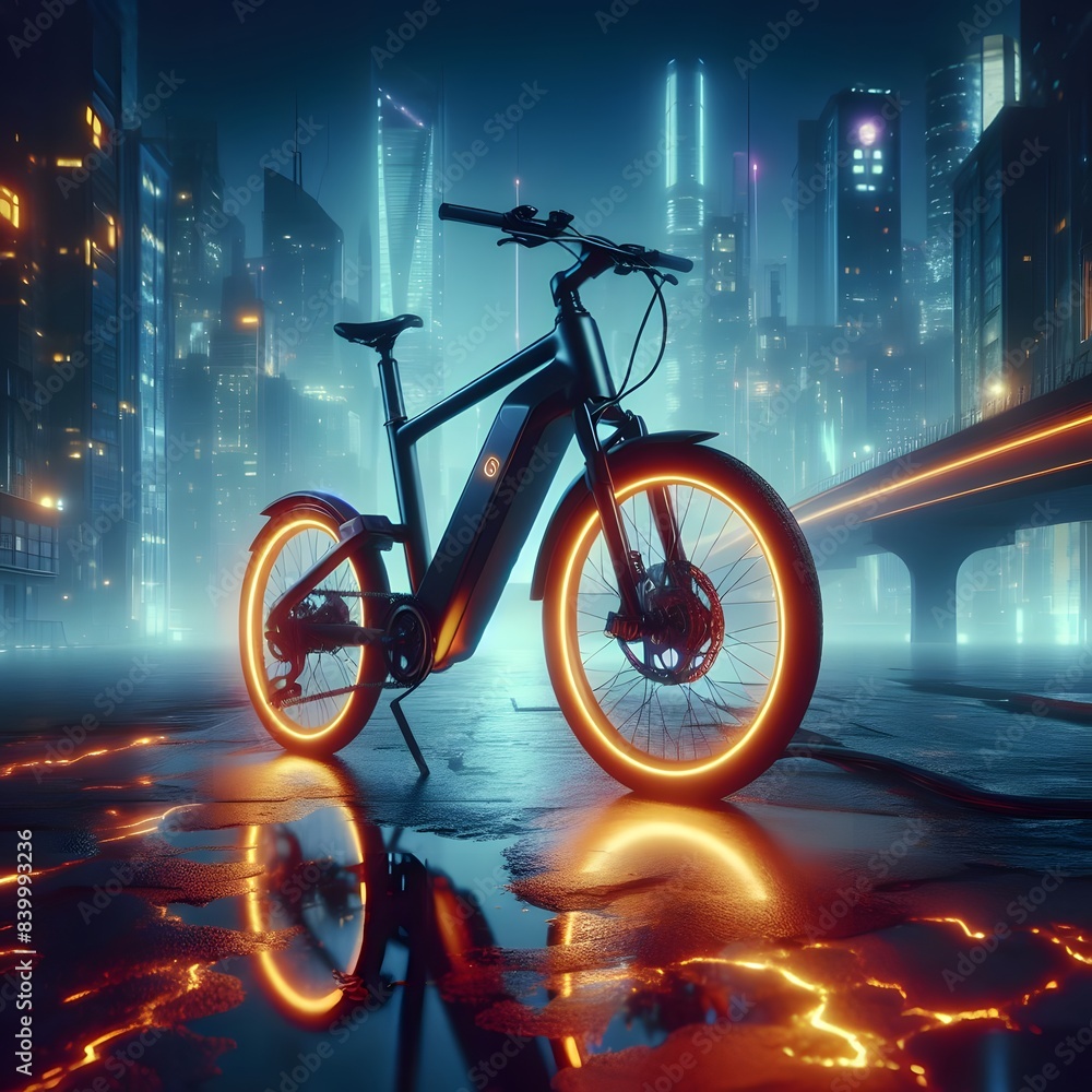 Poster 3d rendered a bicycle with colorful lights on a beautiful background generated by ai