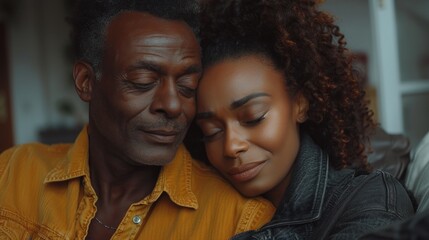 Fototapeta premium A tender moment of an affectionate couple embracing with eyes closed, conveying deep love and connection.