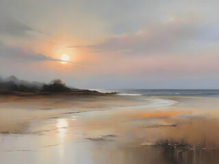 Obraz premium Sunset Lake River Watercolor Landscape