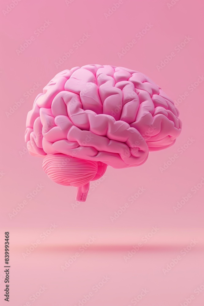 Poster a pink brain floats against a pink background. the image is minimal and focuses on the brain, highli