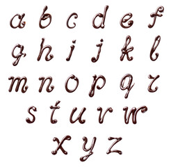 Lowercase letters of the Latin alphabet made of melted chocolate, isolated on a white background