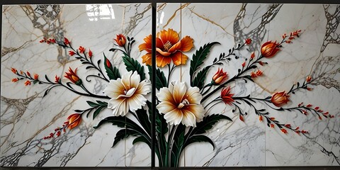 panel wall art, marble background with flower designs , wall decoration.