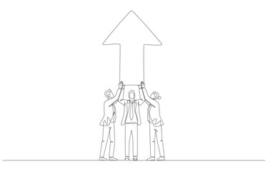 Continuous one line drawing of business people holding up arrow together, teamwork to success, support and partnership concept, single line art.