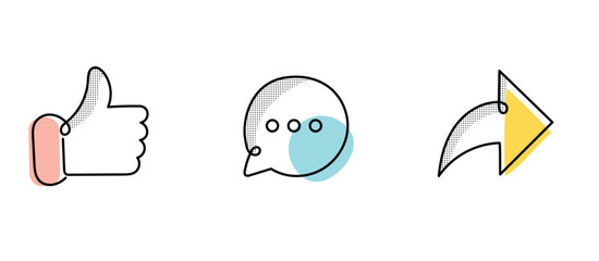 Social Media Engagement Icons: Like, Comment, Share, Follow. Custome Like, comment and share icons. Editable Stroke and Colors.