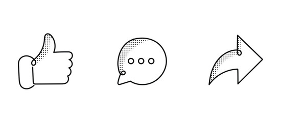 Social Media Engagement Icons: Like, Comment, Share, Follow. Custome Like, comment and share icons. Editable Stroke and Colors.