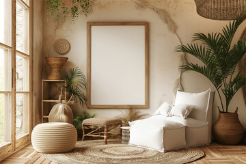 Mockup frame in a boho nomadic interior background with rural decorations