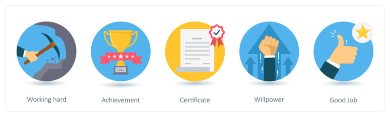 A set of 5 business icons as working hard, achievement, certificate