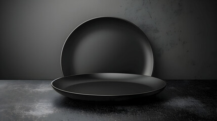 Isolated realistic luxury black round plate on the dark table 3d elegant wallpaper for premium cafe, restaurant, fine dining, food brand, menu