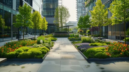 An expansive, open square with sleek, minimalist modern buildings surrounding it